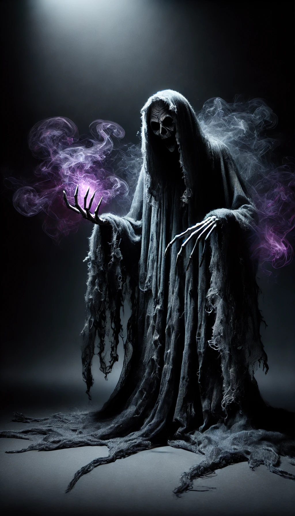 DALL·E 2025-02-24 02.31.04 - A full-body ghostly witch standing in complete darkness, appearing more terrifying. She is cloaked in a long, tattered black robe that drifts unnatura